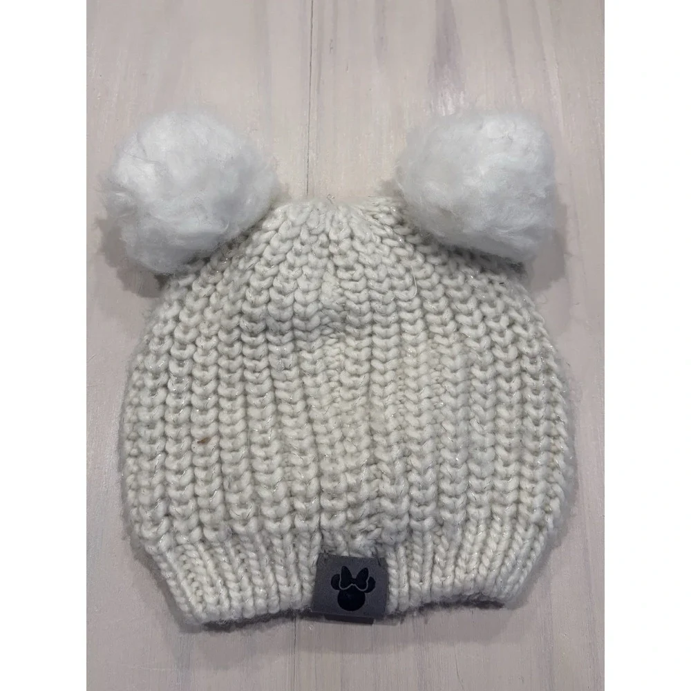 Disney Parks Adult Cream Knit Beanie Hat‎ Faux Fur Pom Poms Bow One Size